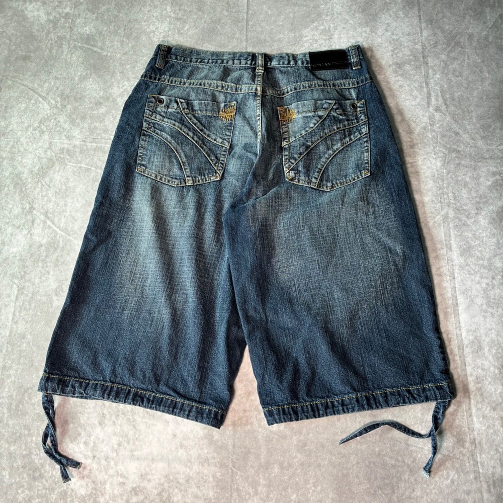 Y2K Koman Jeans Mens Baggy Denim Shorts Blue Streetwear Drawstring Hem 35 Waist